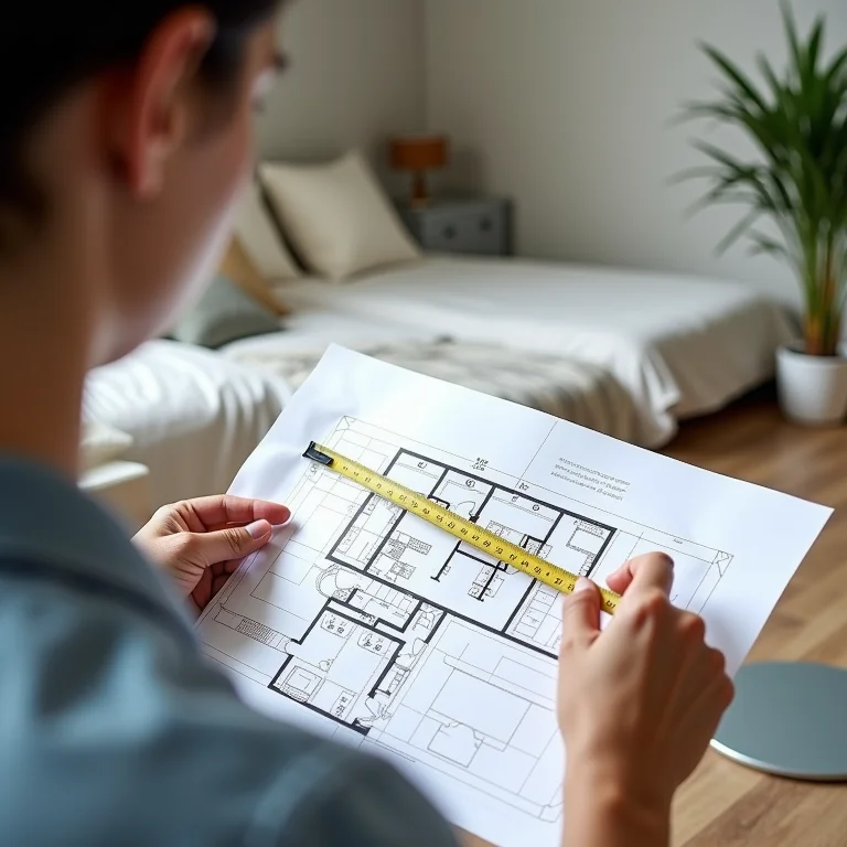 Pessoa planejando a disposição dos móveis em um apartamento pequeno.