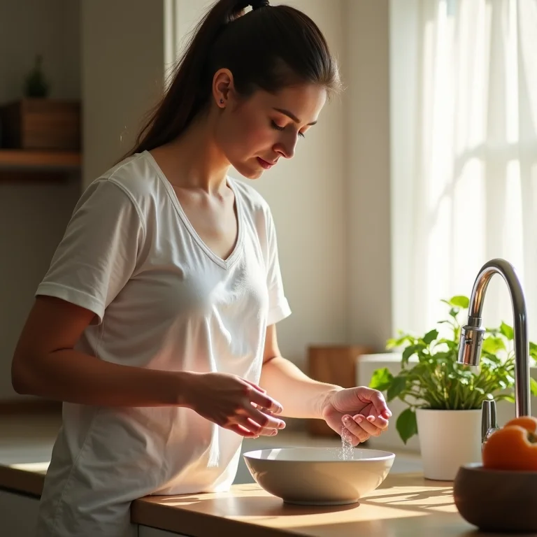 Pessoa praticando mindfulness lavando louça com luz natural.