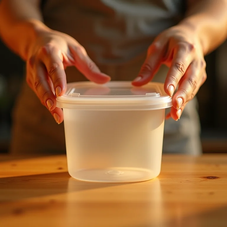 Pessoa removendo um pote plástico antigo antes de adicionar um novo, demonstrando o sistema 'um entra, um sai'.