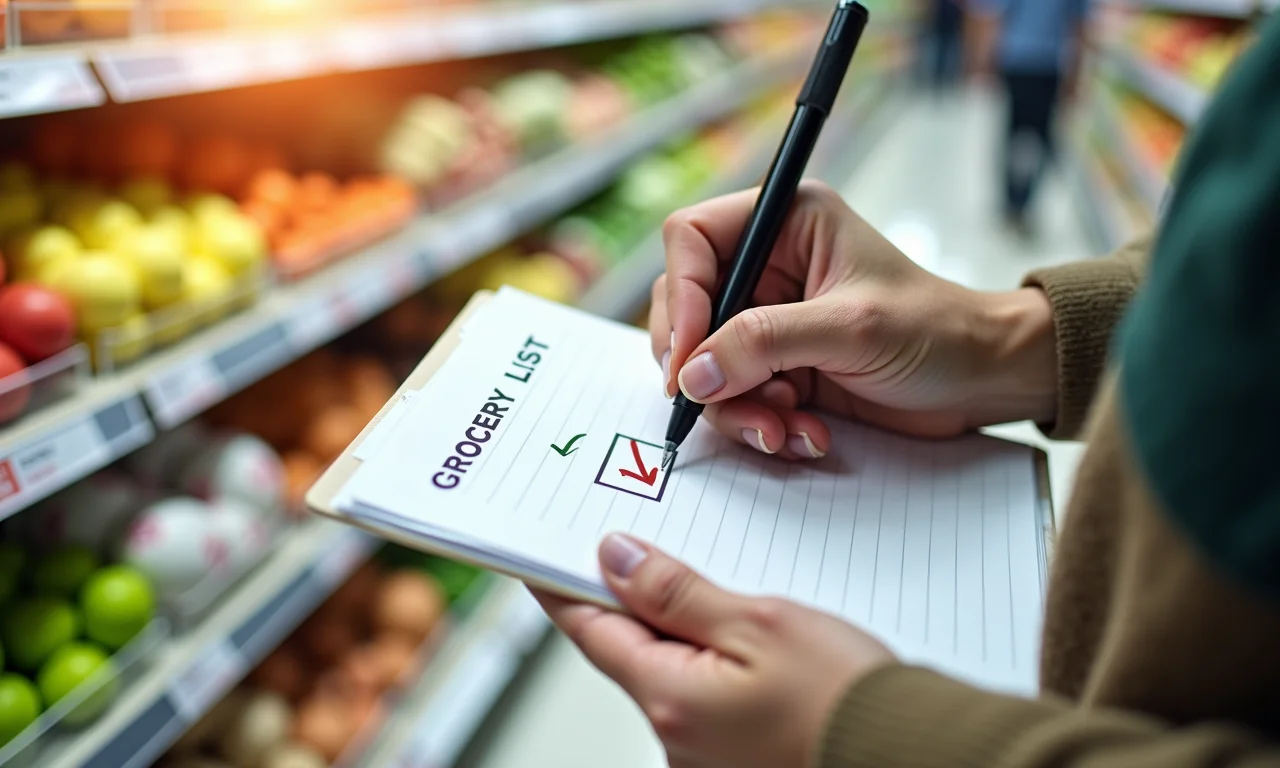 Pessoa riscando item da lista de compras no supermercado.