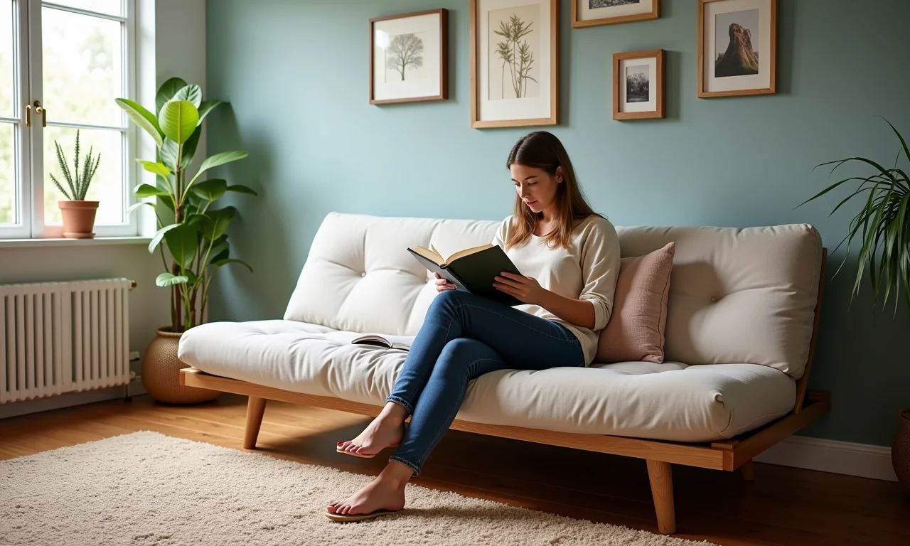 Pessoa sentada em futon de solteiro lendo um livro.