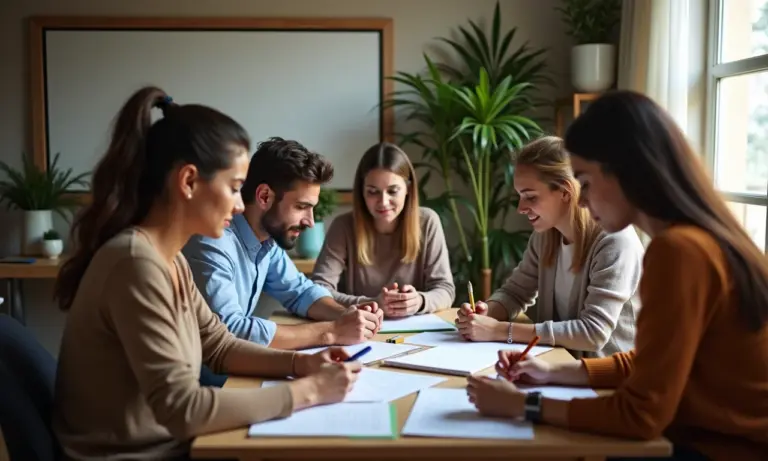 Pessoas diversas organizando documentos para declaração do Imposto de Renda em escritório aconchegante.