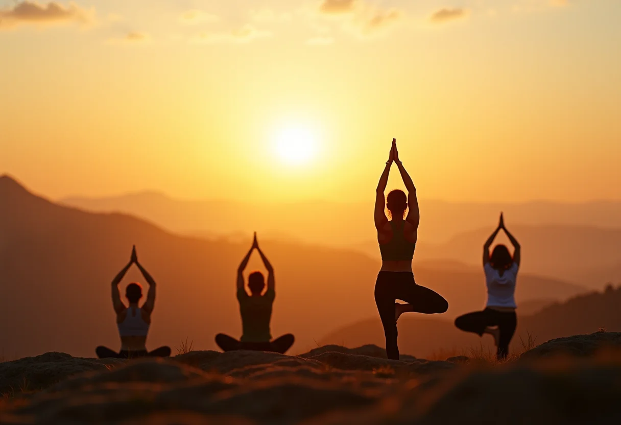 Pessoas meditando em grupo ao nascer do sol.