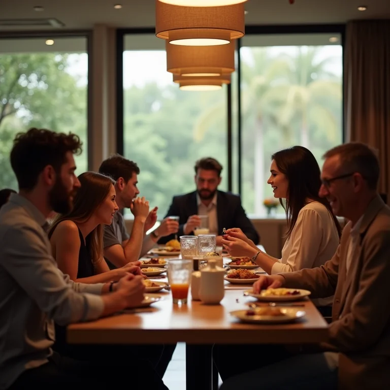 Pessoas tomando café da manhã em horários diferentes em um hotel