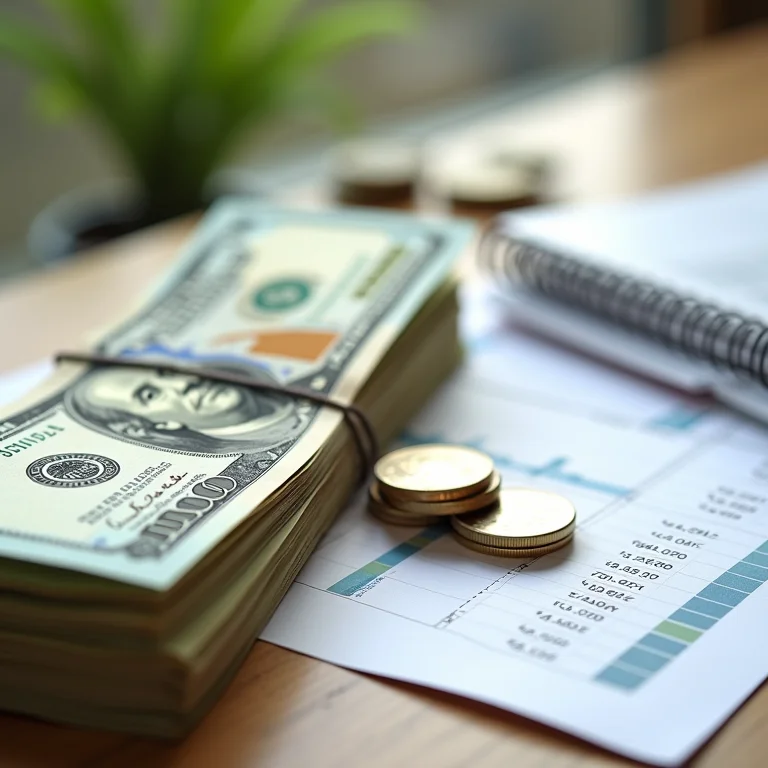 Pilhas de dinheiro e planilha de orçamento detalhada
