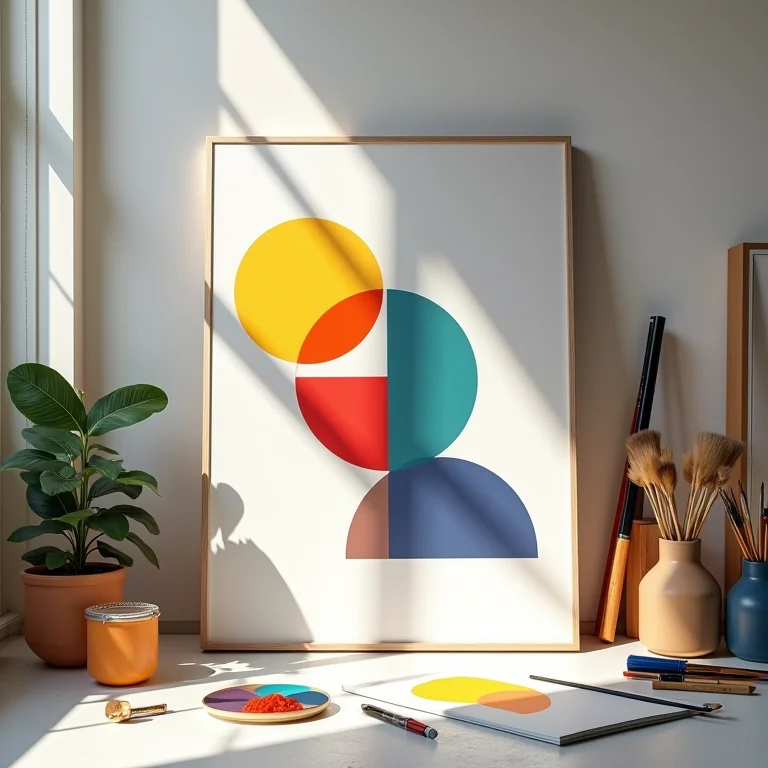 Pinturas geométricas abstratas e paleta de cores variadas