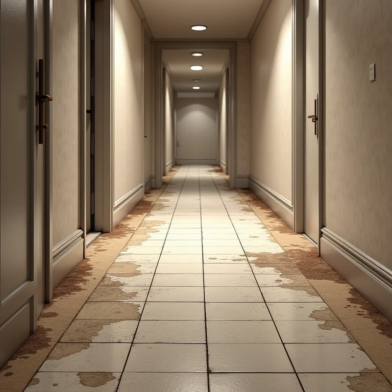 Piso de corredor ignorado com material desgastado