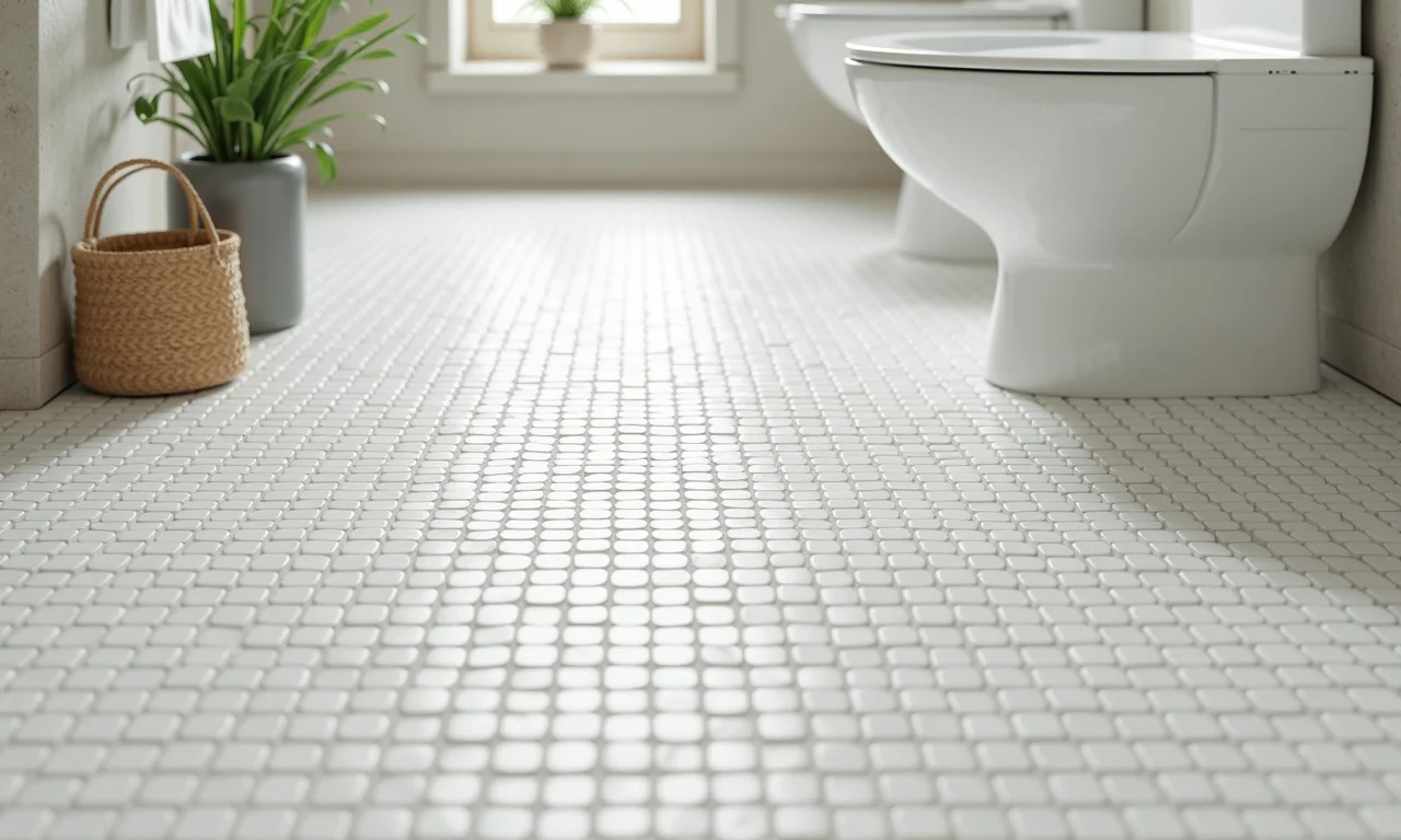 Piso do banheiro renovado com pastilhas.