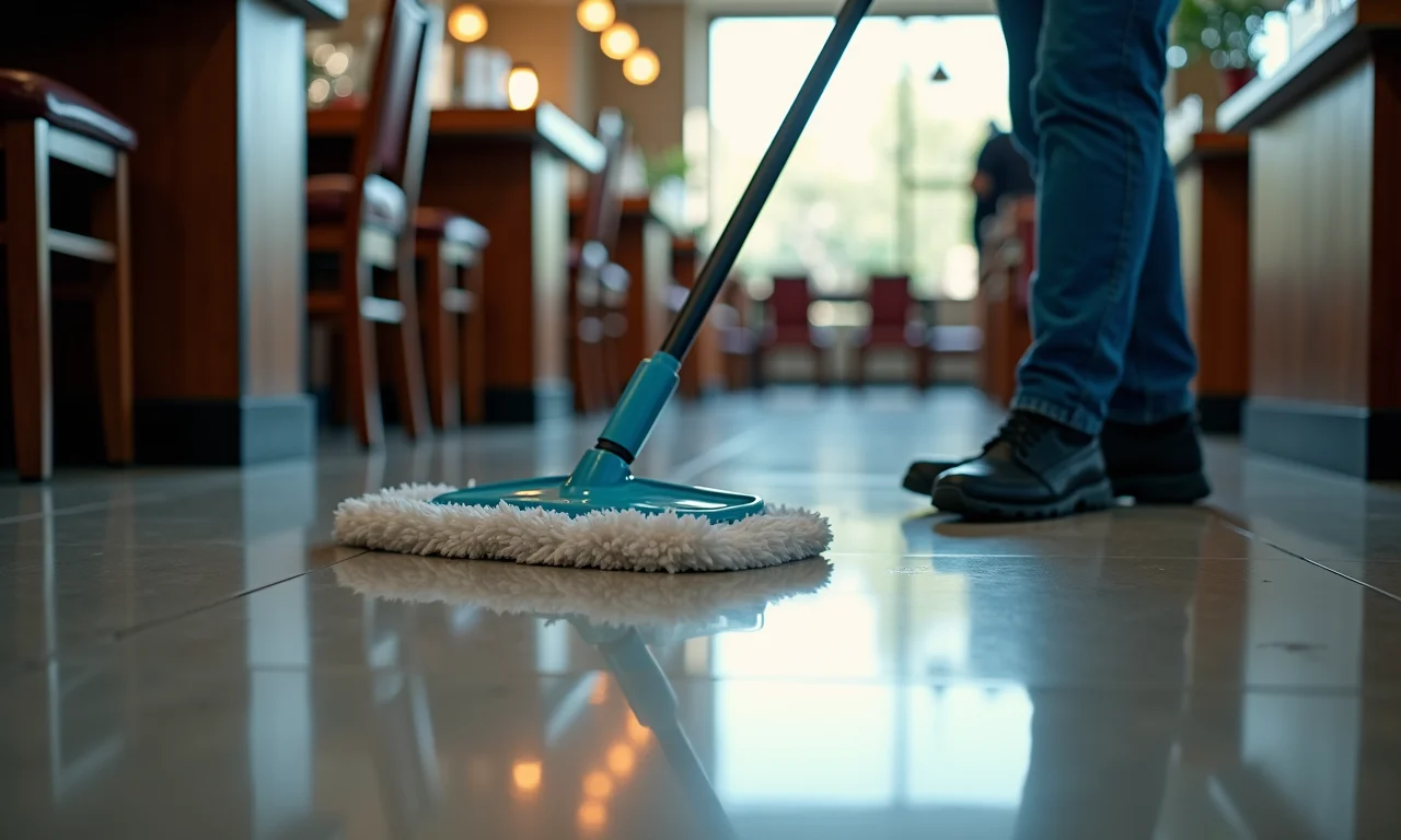 Pisos de restaurante sendo limpos com equipamentos profissionais.