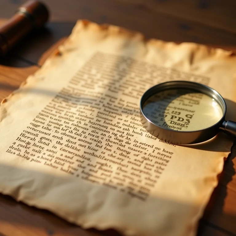 Pista enigmática escrita em papel pergaminho antigo com lupa.