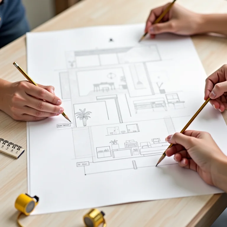 Planejamento detalhado de uma gallery wall com esboço e ferramentas.