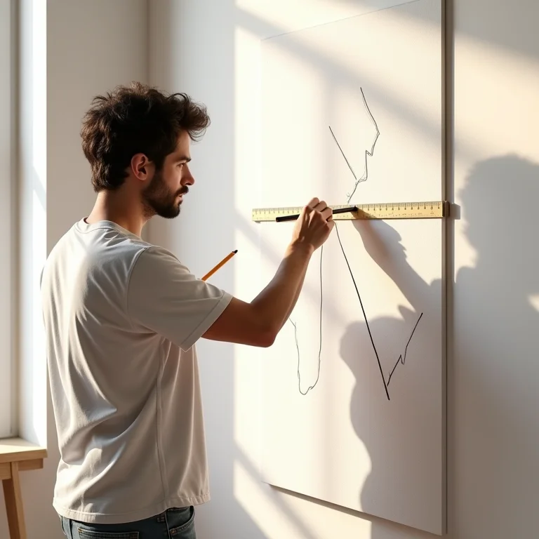 Planejando pintura geométrica na parede com régua e lápis
