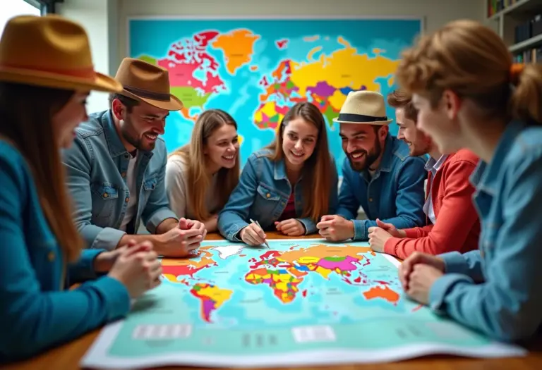 Planejando uma viagem perfeita com um mapa mundial e amigos.