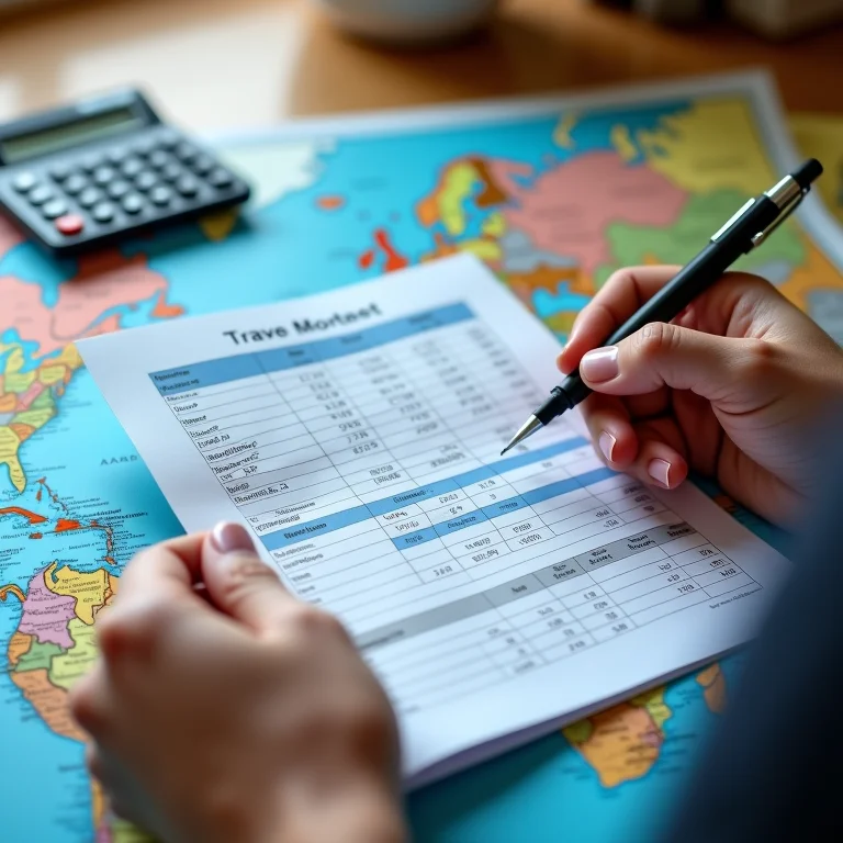 Planilha de orçamento de viagem sobre um mapa