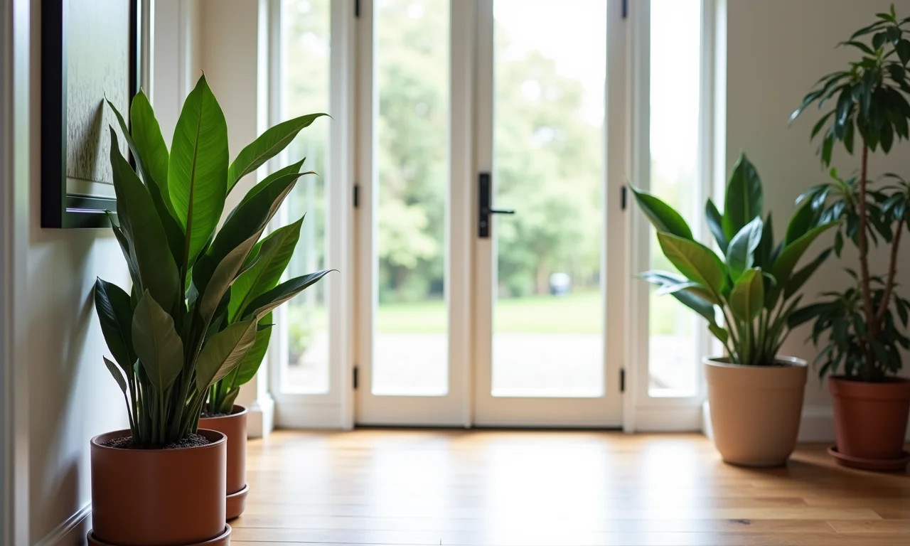 Plantas de sombra no hall de entrada: Espada de São Jorge e Zamioculcas.