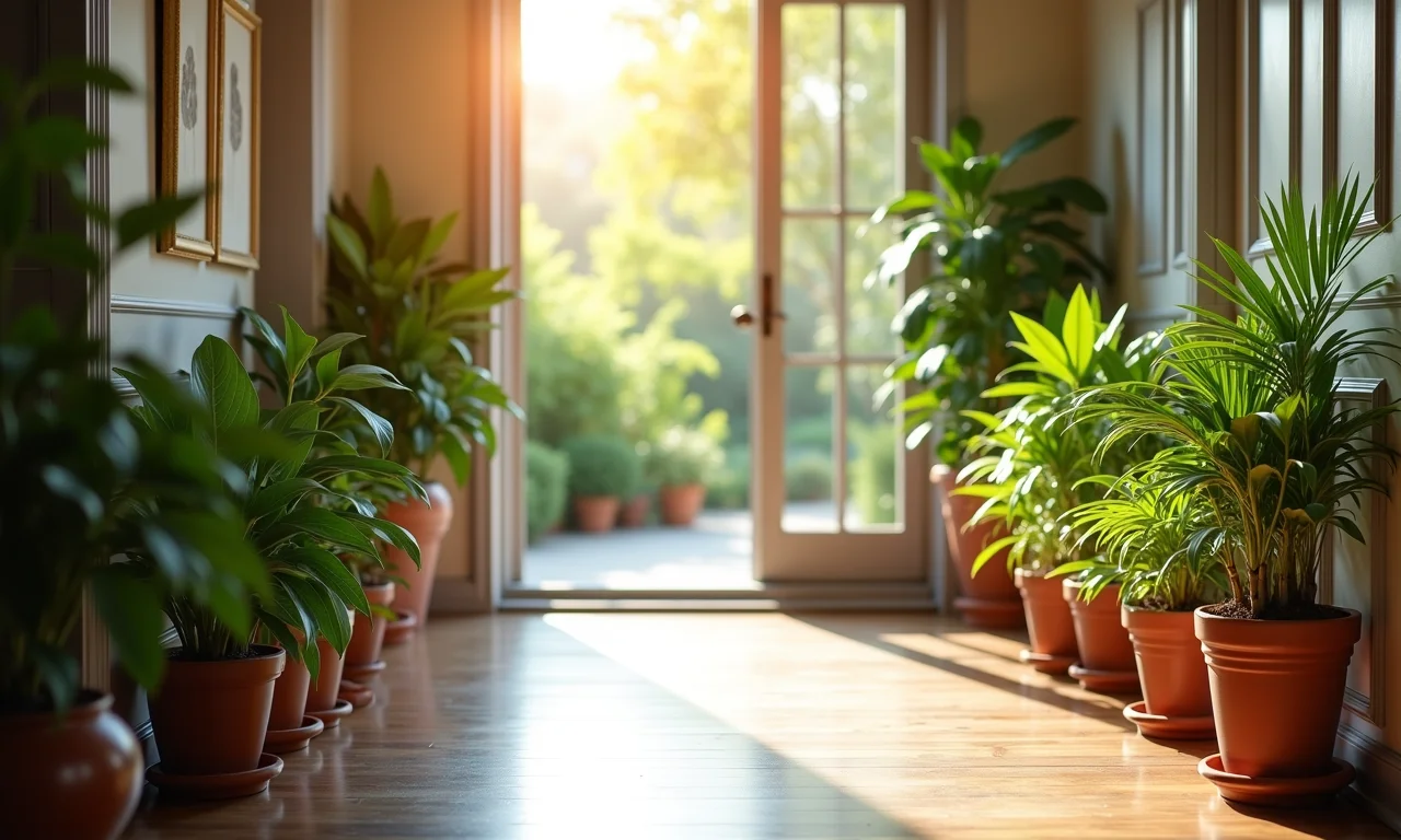 Plantas verdes exuberantes no hall de entrada, trazendo vida e frescor.