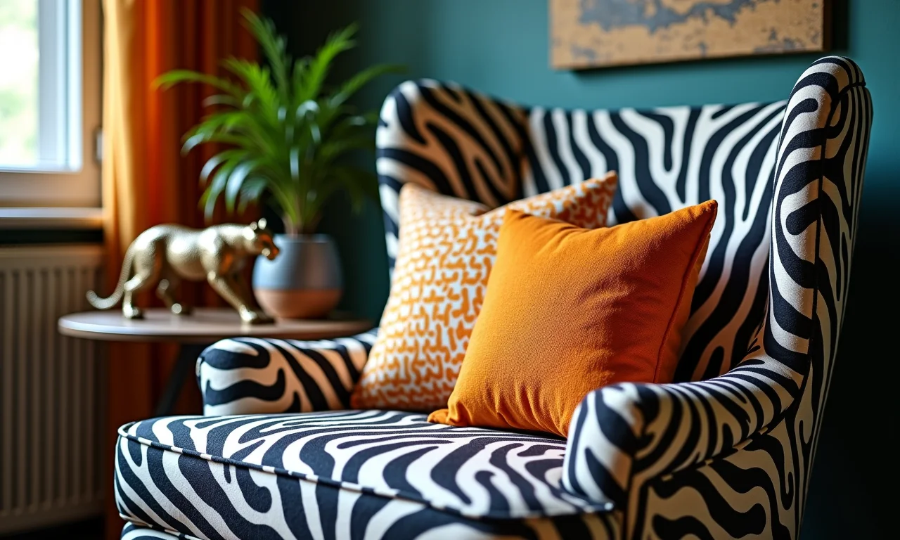 Poltrona com estampa de zebra e almofadas coloridas, com uma pequena escultura de jaguar.
