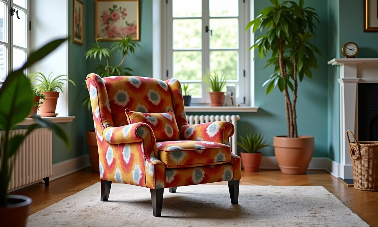 Poltrona elegante com tecido colorido, sala de estar iluminada.