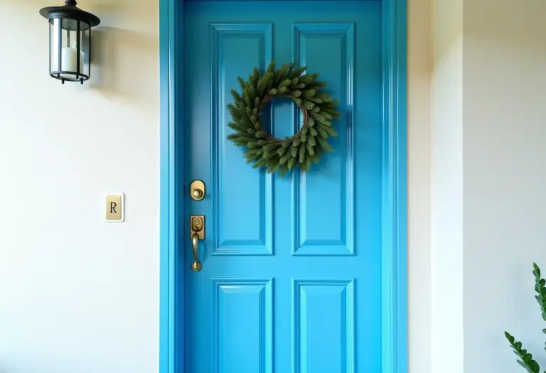 Porta de entrada azul vibrante com guirlanda minimalista