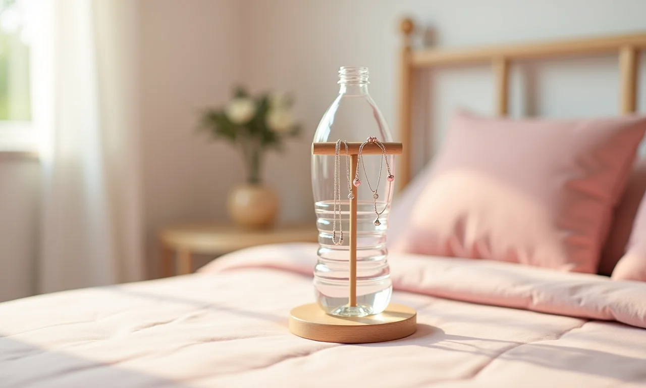 Porta-joias delicado feito de garrafas PET em um quarto.