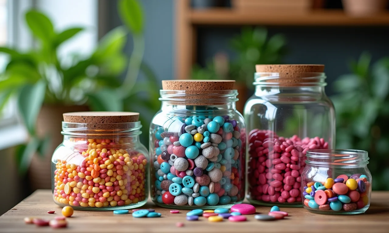 Potes de vidro com miçangas, botões e itens de artesanato.