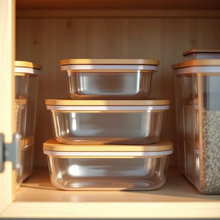 Potes de vidro com tampa de bambu organizados.