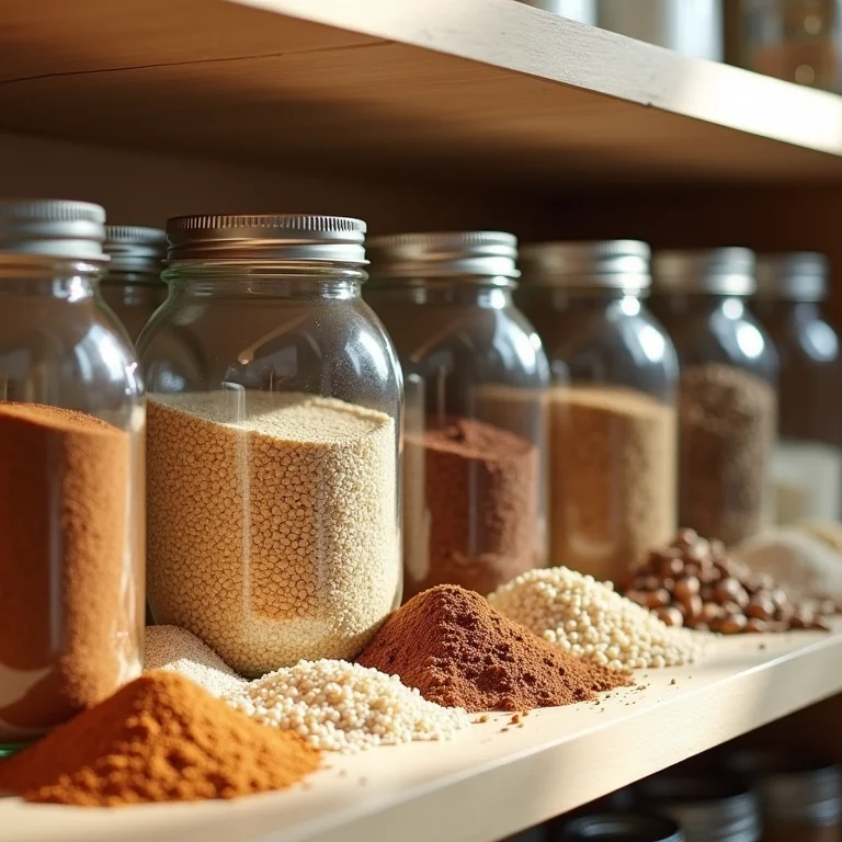 Potes padronizados e transparentes na despensa.