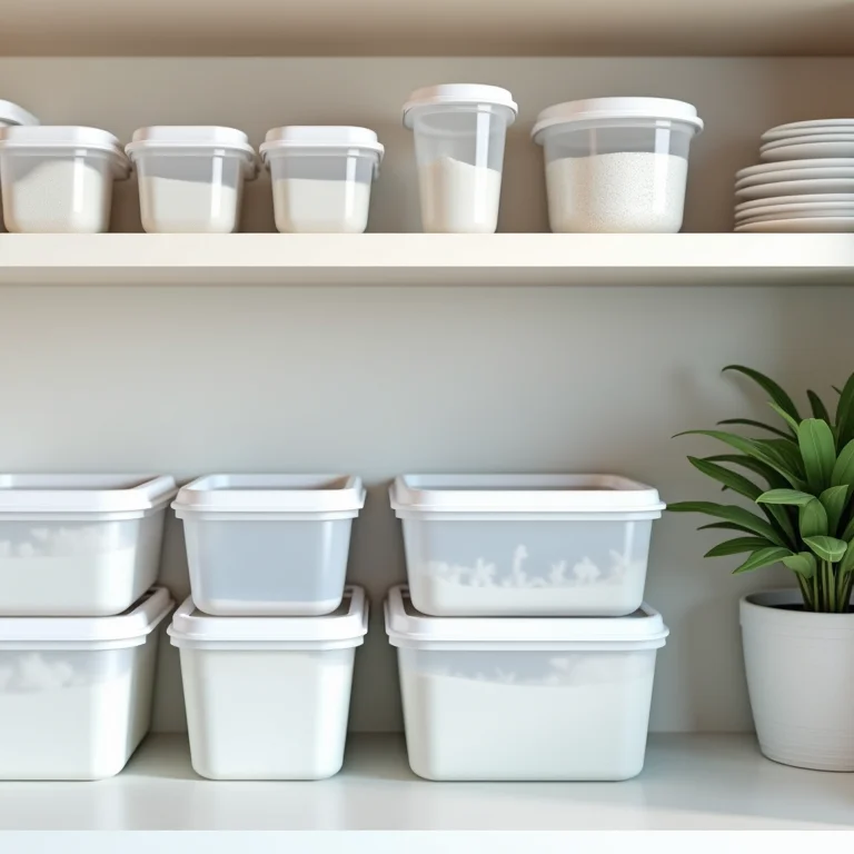 Potes plásticos agrupados por tamanho e formato em uma prateleira