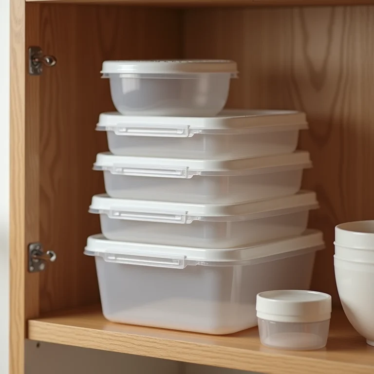 Potes plásticos empilhados verticalmente em uma prateleira de armário de cozinha.