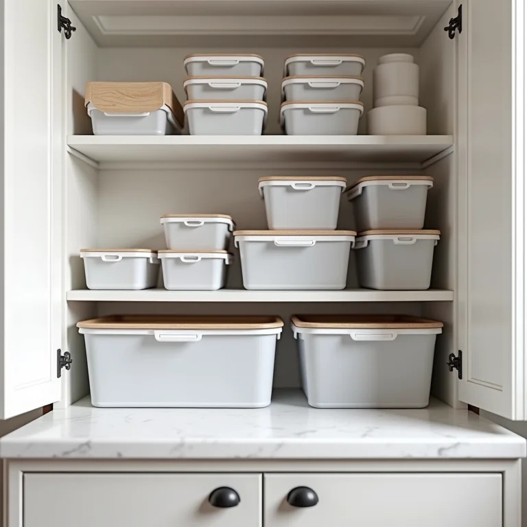 Potes plásticos organizados em armários e gavetas de cozinha