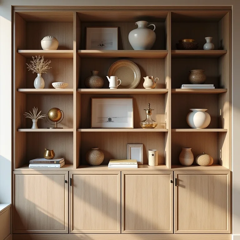 Prateleira com objetos afetivos: lembranças de viagens e heranças de família