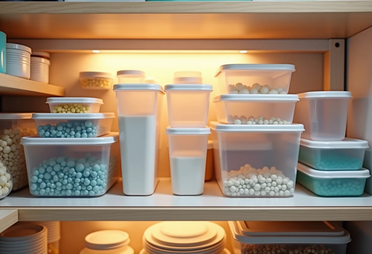 Prateleira de despensa organizada com potes plásticos e tampas.