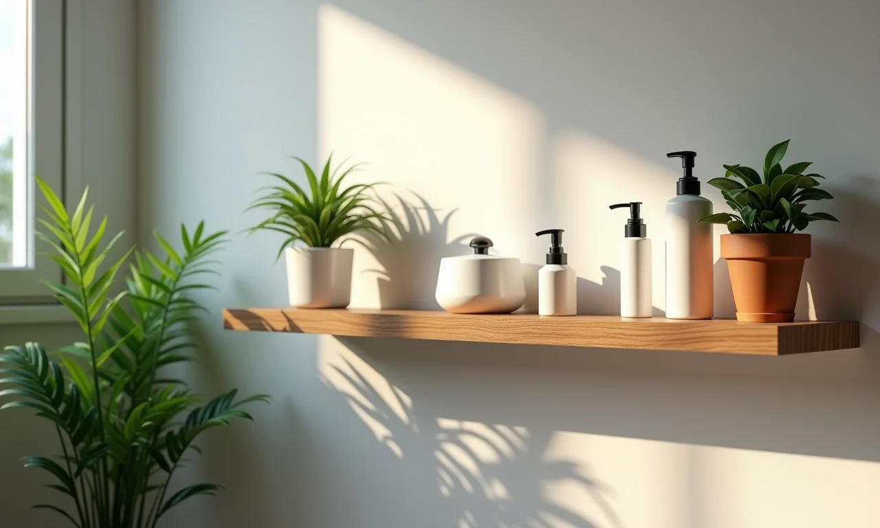 Prateleira de madeira em banheiro ventilado com produtos de higiene e plantas.