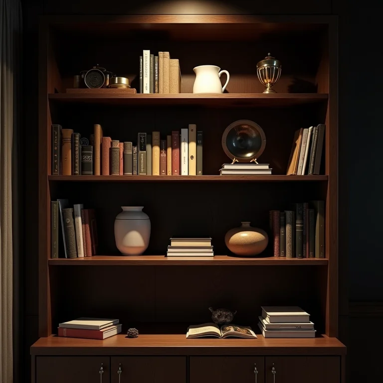 Prateleira desorganizada com objetos genéricos e sem significado pessoal