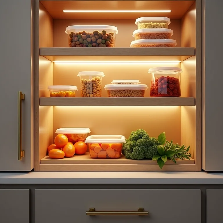 Prateleira ou gaveta dedicada à organização de potes plásticos e tampas na cozinha.