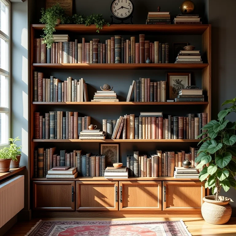 Prateleira sobrecarregada com objetos diversos, representando o excesso de informação na decoração.