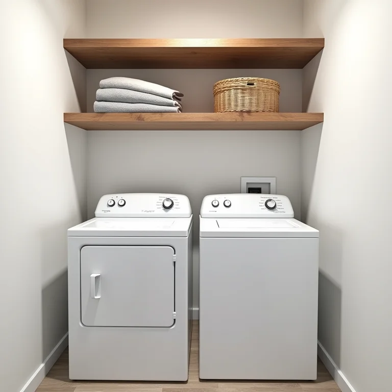 Prateleiras aéreas instaladas em uma lavanderia