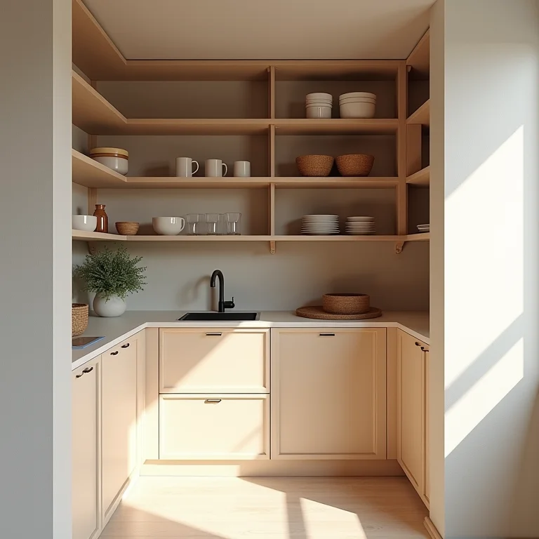 Prateleiras aéreas otimizando o espaço vertical da despensa.