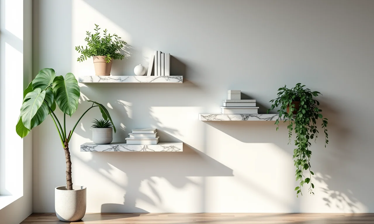 Prateleiras de mármore com plantas e livros.