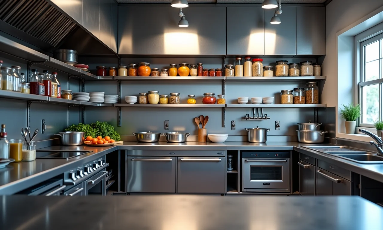 Prateleiras e estantes organizadas em cozinha industrial