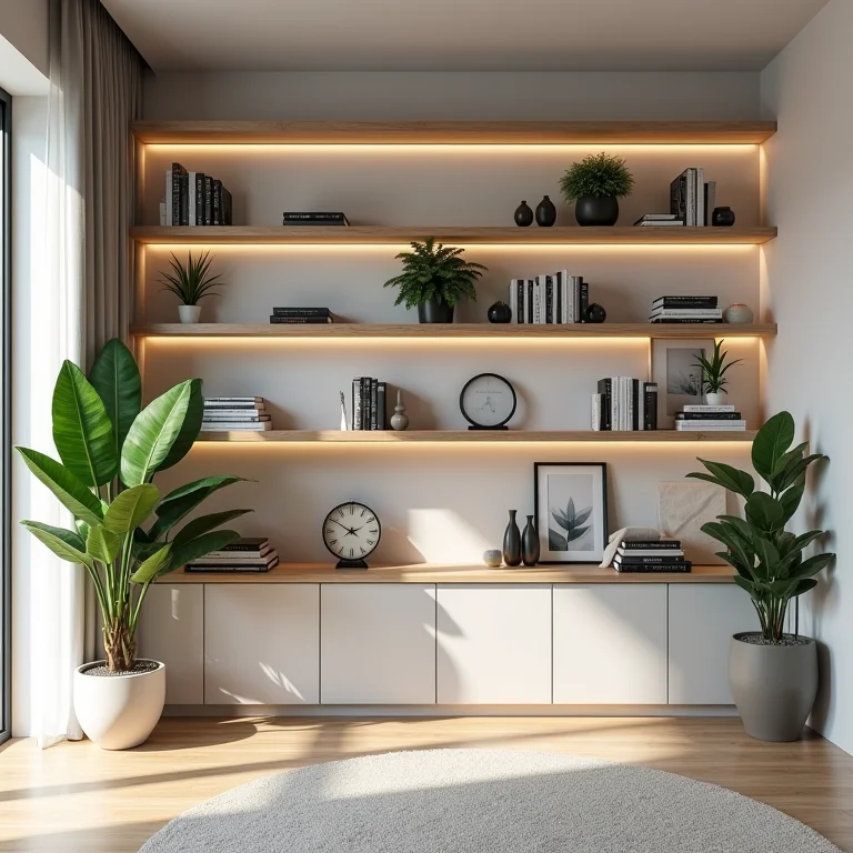 Prateleiras e nichos organizando um quarto pequeno com estilo.