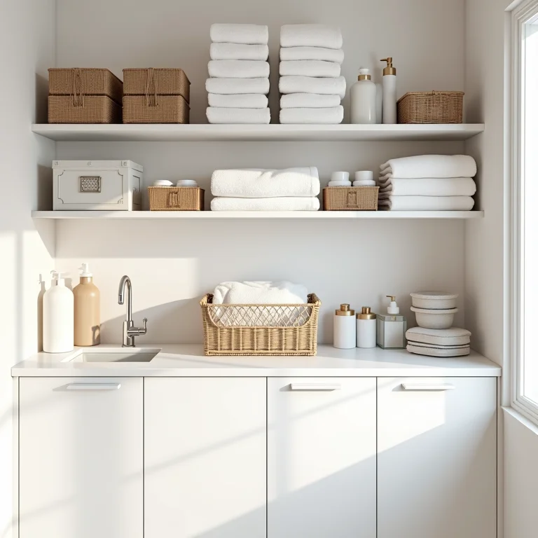 Prateleiras e nichos para organização na lavanderia.