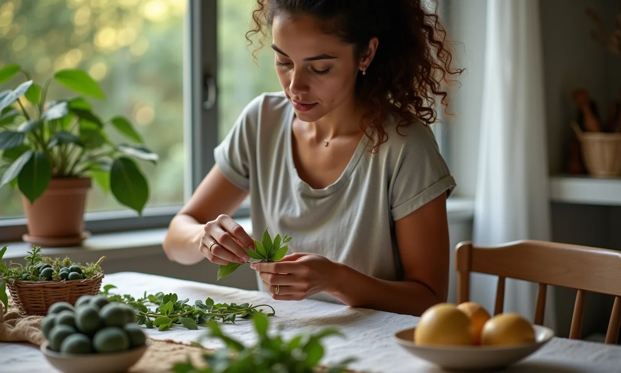 Preparando folhas secas para decoração.
