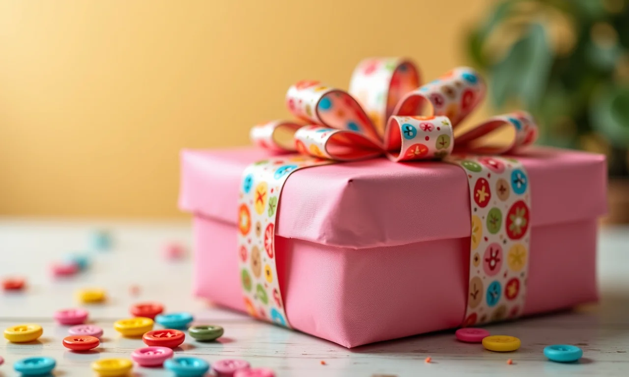 Presente com botões coloridos colados no laço.