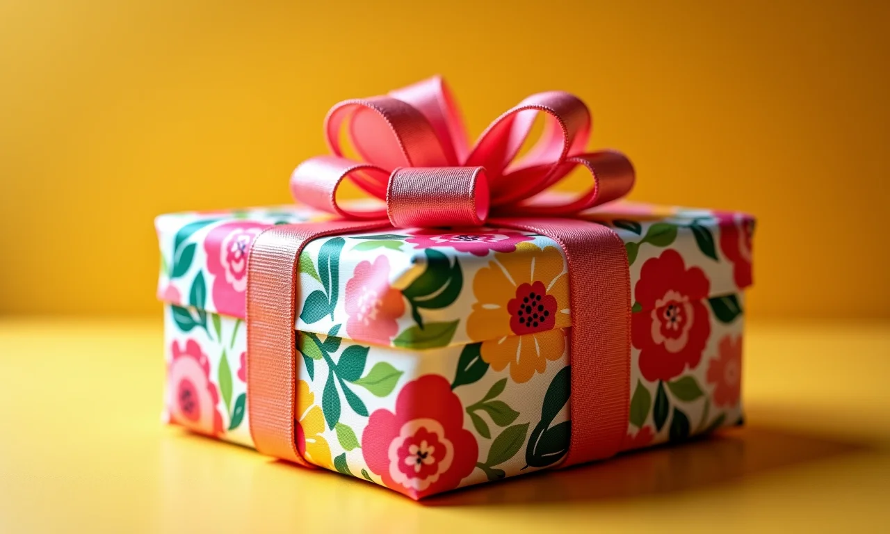 Presente embrulhado com tecido estampado e laço combinando.