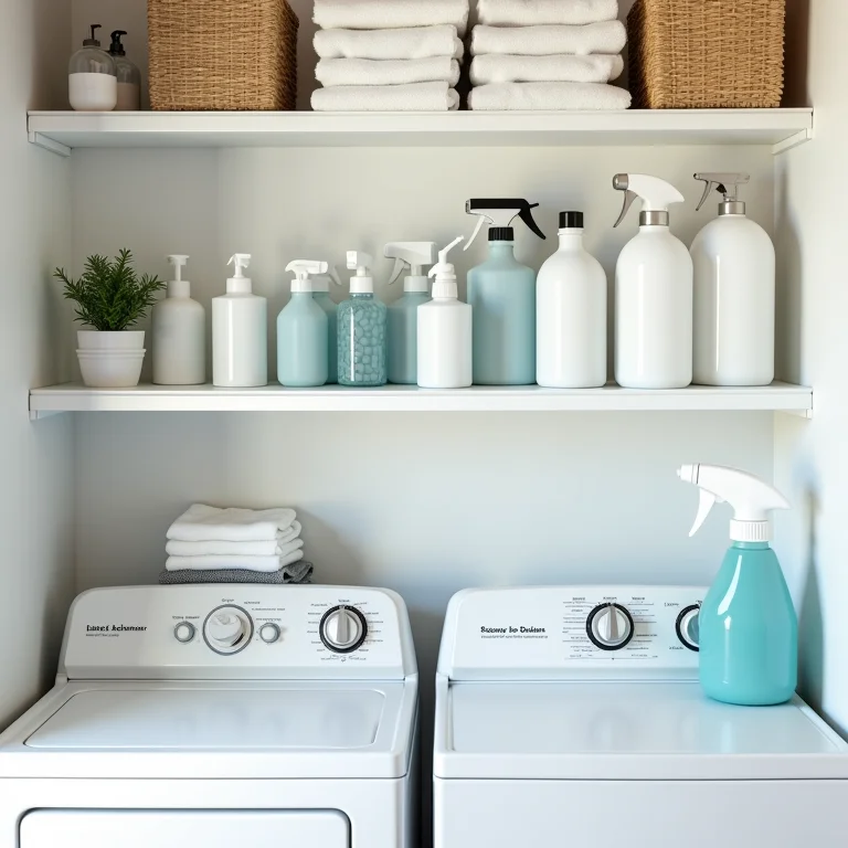 Produtos de limpeza categorizados em prateleiras na lavanderia
