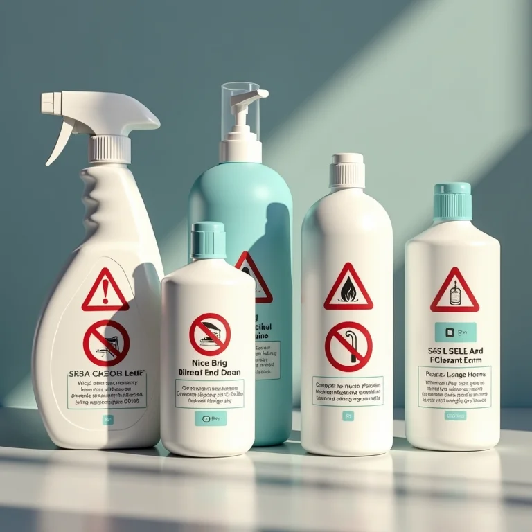 Produtos de limpeza inadequados para cofres, com rótulos de aviso em destaque.