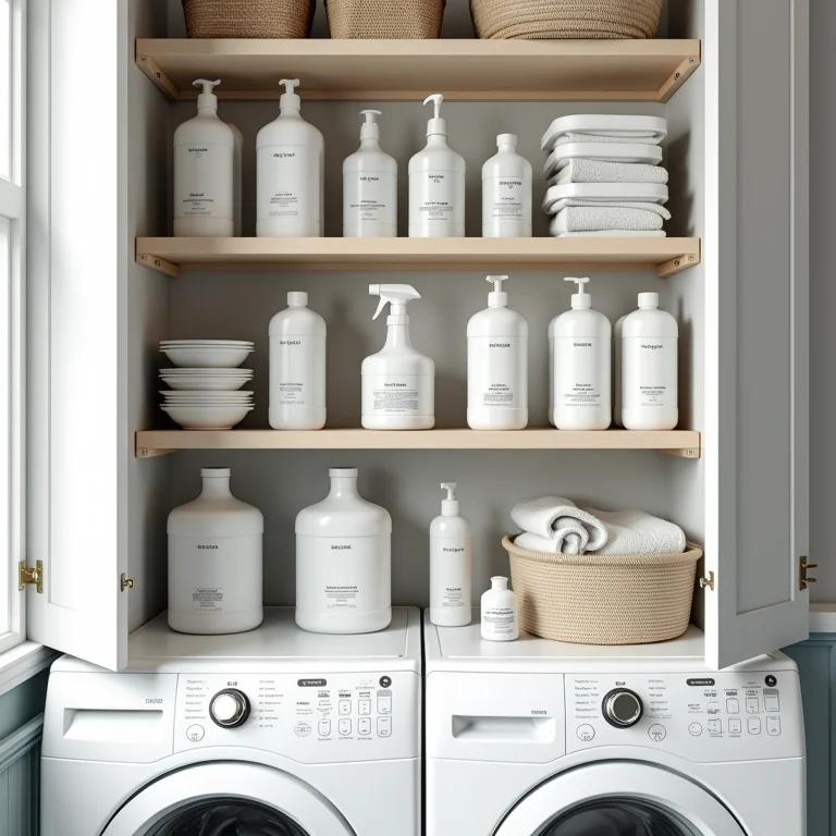 Produtos de limpeza organizados na lavanderia.