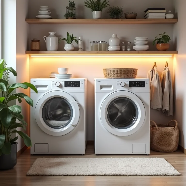 Produtos multifuncionais em uma lavanderia organizada