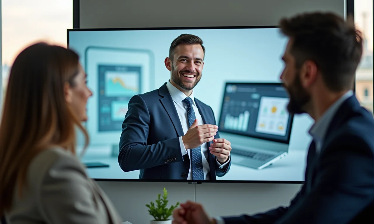 Profissionais assistindo a vídeo institucional bem organizado, sorrindo e satisfeitos.